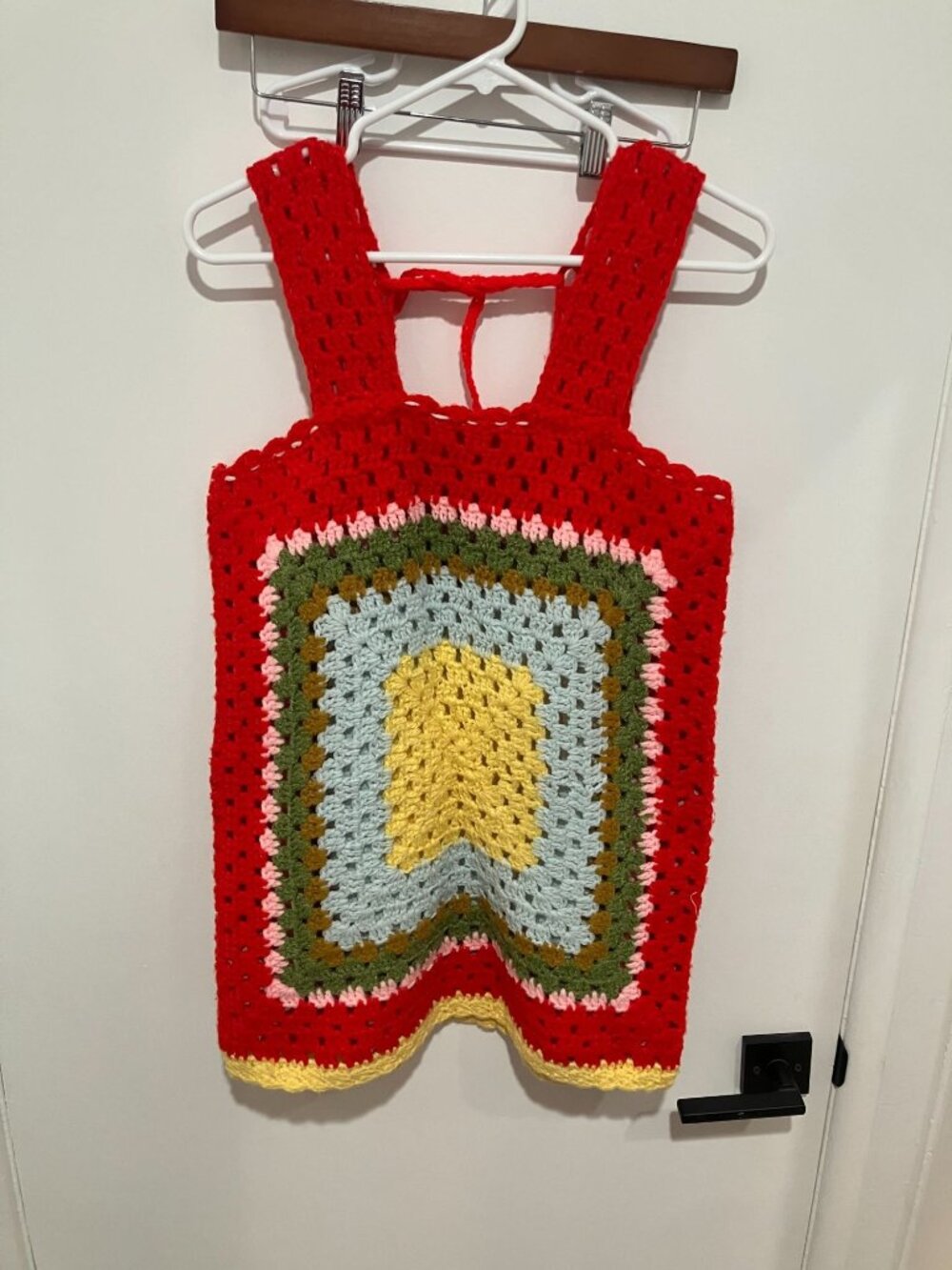 VTG Handmade Crochet Granny Square Tank Top Colorful Boho Festival Red Camisole